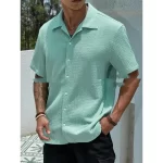 Men's Solid Color Short Sleeve Shirt Fashion Casual Button Lapel Tops Clothing