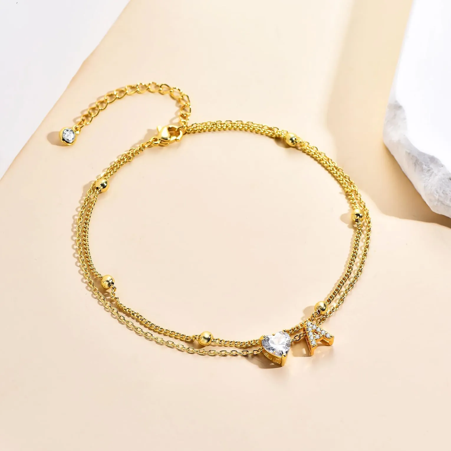 9cd6c2ee-54f6-4415-ab33-cfd1851f8887 26 Letters Loving Heart Zircon Inlaid Layered Anklet - Image 1
