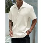Men's Solid Color Short Sleeve Shirt Fashion Casual Button Lapel Tops Clothing - Image 14
