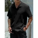Men's Solid Color Short Sleeve Shirt Fashion Casual Button Lapel Tops Clothing - Image 15