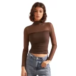 Half Turtleneck Gauzy Stitching T-shirt Top - Image 3