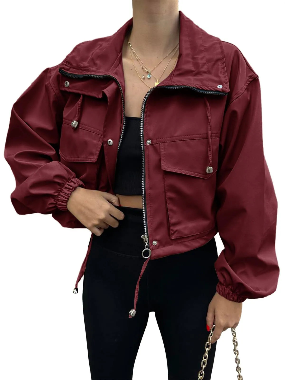 KAZE-0030 (3) Solid Color Women's Short Jacket Zipper Trench Coat - Image 1