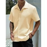 Men's Solid Color Short Sleeve Shirt Fashion Casual Button Lapel Tops Clothing - Image 5