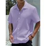 Men's Solid Color Short Sleeve Shirt Fashion Casual Button Lapel Tops Clothing - Image 2